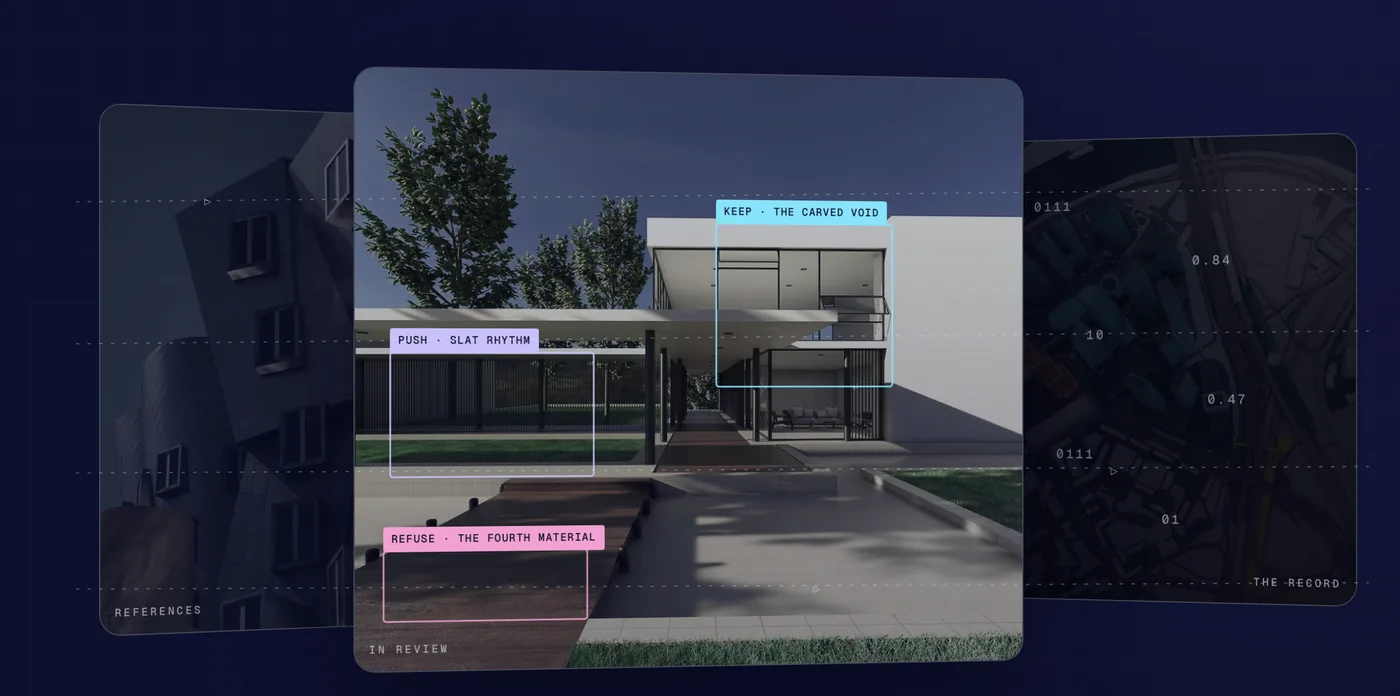 Illustrative review card in the relational corpus: keep, push and refuse annotations across a project image, with references and the record beside it