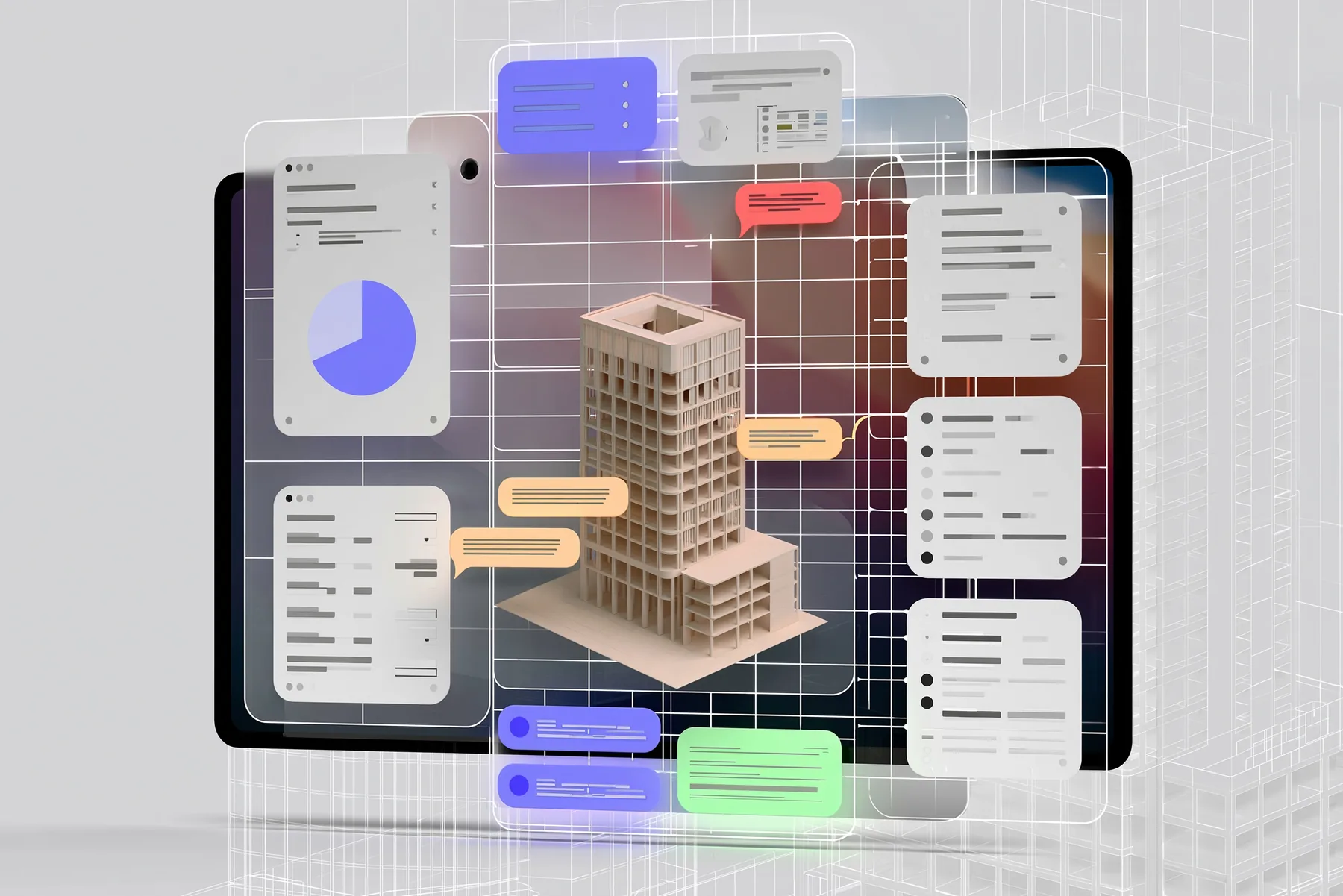Illustrative DREAMVISION AI judgement: floating review notes around a working model inside the studio workspace